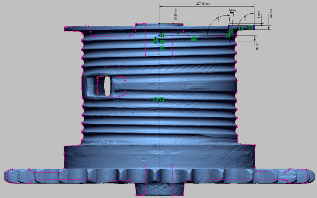 Digging Drum cross-section extracted from polygon model for revolve feature. Note that the cross-section is fully parametric and constrained