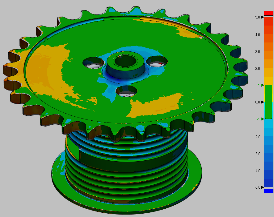Scan to CAD deviation analysis of Digging Drum conducted by V3D Technologies in Design X software. Deviations in mm units.
