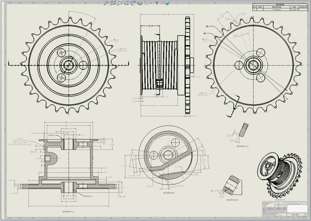 2D engineering drawing of Digging Drum created by V3D Technologies in Soliworks.