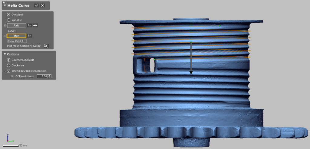 Parametric Helix Curve used to Sweep Cross-Section to create cable groove