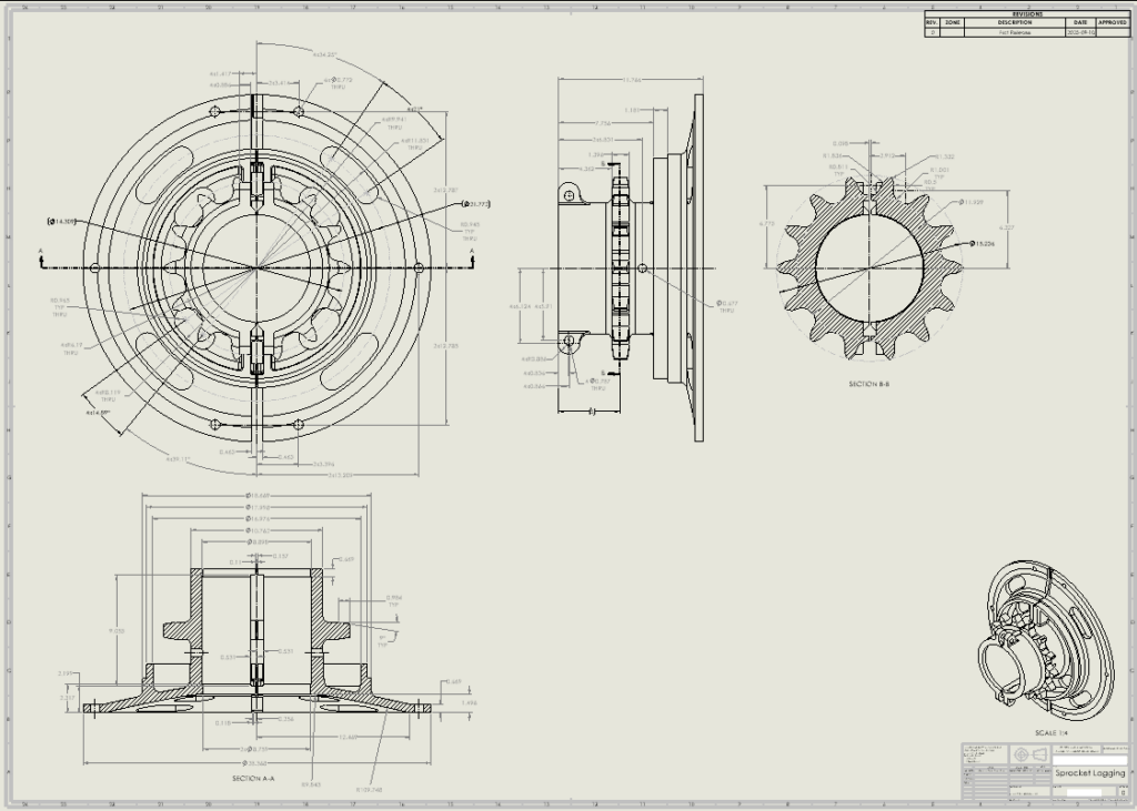 2D engineering drawing of Sprocket Lagging created in Solidworks by V3D Technologies